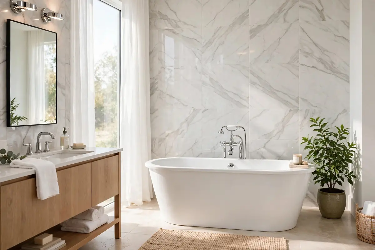 Updated bathroom with modern plumbing fixtures in a Williamsburg home