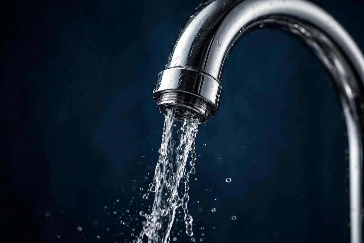 Chrome faucet with running water in a Williamsburg home